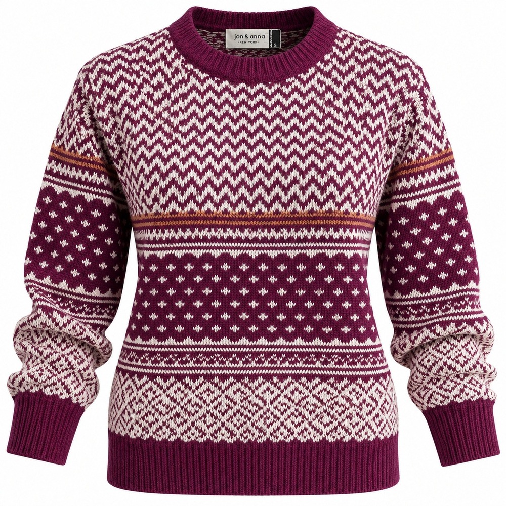 Jon & Anna Fair Isle Sweater Burgundy Cream Nordic Ski Lodge Knit S
